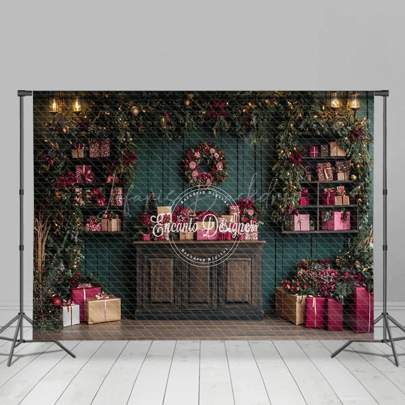 Lofaris Dark Green Wooden Wall Red Gift Box Xmas Backdrop