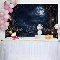 Lofaris Dark Moonlit Night Photography Backdrop with Gothic Arch and Glowing Lanterns Elegant Floral for Romantic Portrait Photoshoot