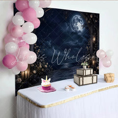 Lofaris Dark Moonlit Night Photography Backdrop with Gothic Arch and Glowing Lanterns Elegant Floral for Romantic Portrait Photoshoot