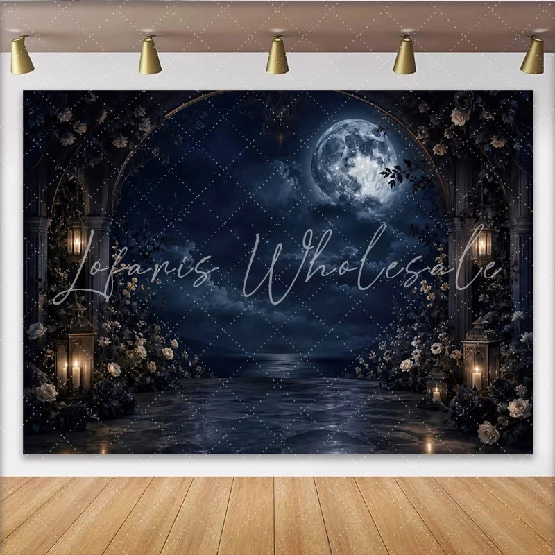 Lofaris Dark Moonlit Night Photography Backdrop with Gothic Arch and Glowing Lanterns Elegant Floral for Romantic Portrait Photoshoot
