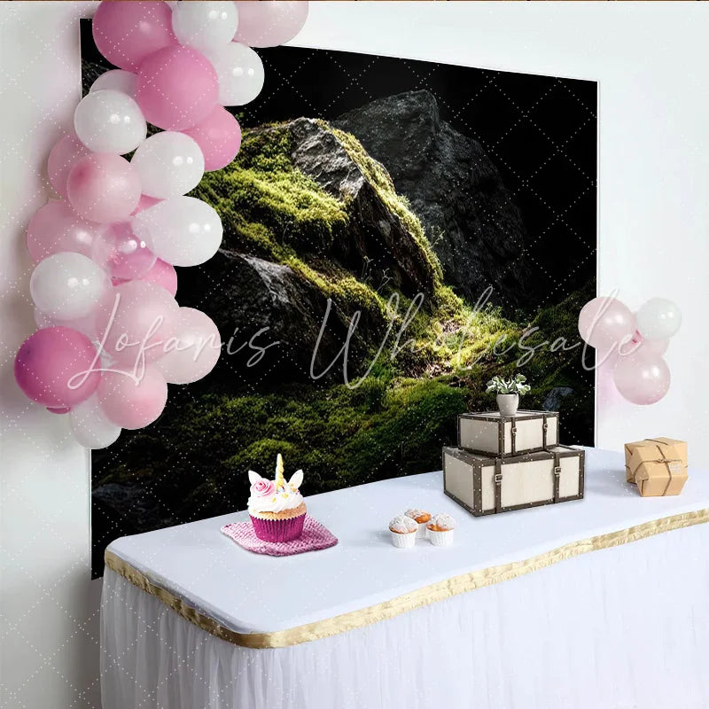 Lofaris Dark Mossy Rock Photography Backdrop with Dramatic Lighting Natural Green Forest Background for Studio Portrait Photoshoot