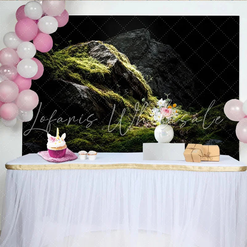 Lofaris Dark Mossy Rock Photography Backdrop with Dramatic Lighting Natural Green Forest Background for Studio Portrait Photoshoot