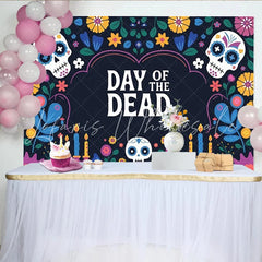 Lofaris Day of the Dead Backdrop with Sugar Skulls Candles and Bright Flowers Festive Mexican Fiesta Background for Dia de los Muertos