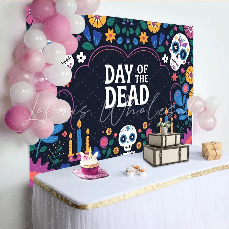 Lofaris Day of the Dead Backdrop with Sugar Skulls Candles and Bright Flowers Festive Mexican Fiesta Background for Dia de los Muertos