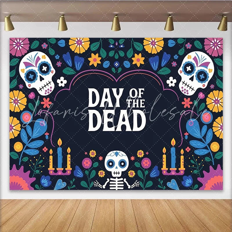 Lofaris Day of the Dead Backdrop with Sugar Skulls Candles and Bright Flowers Festive Mexican Fiesta Background for Dia de los Muertos