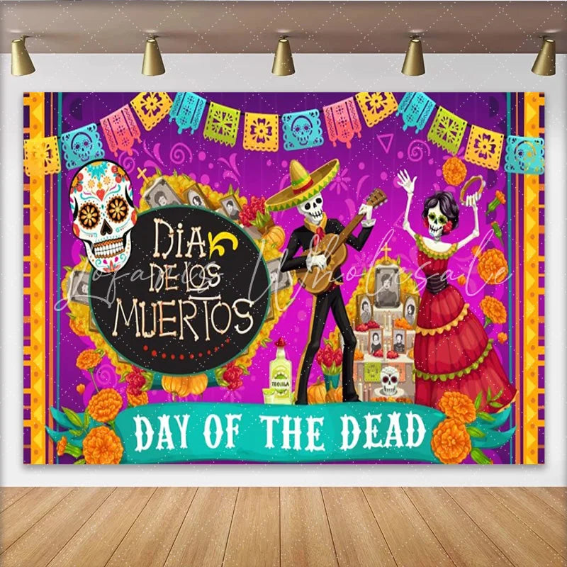 Lofaris Day of the Dead Ofrenda Backdrop Dia de los Muertos with Sugar Skulls Mexican Marigold and Altar Decorations
