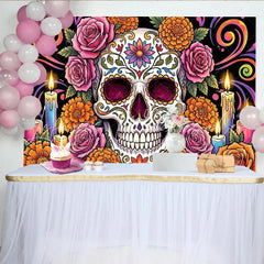 Lofaris Day of the Dead Sugar Skull Backdrop with Flowers and Candles Vibrant Photography Background for Festive Mexican Decor.