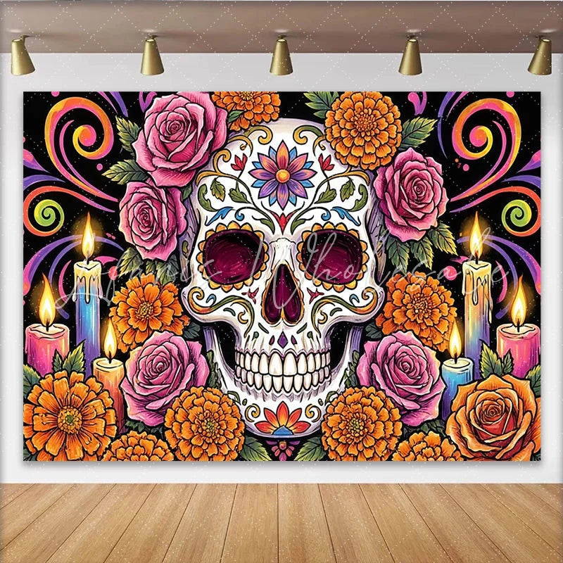 Lofaris Day of the Dead Sugar Skull Backdrop with Flowers and Candles Vibrant Photography Background for Festive Mexican Decor.