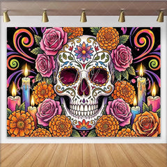 Lofaris Day of the Dead Sugar Skull Backdrop with Flowers and Candles Vibrant Photography Background for Festive Mexican Decor.