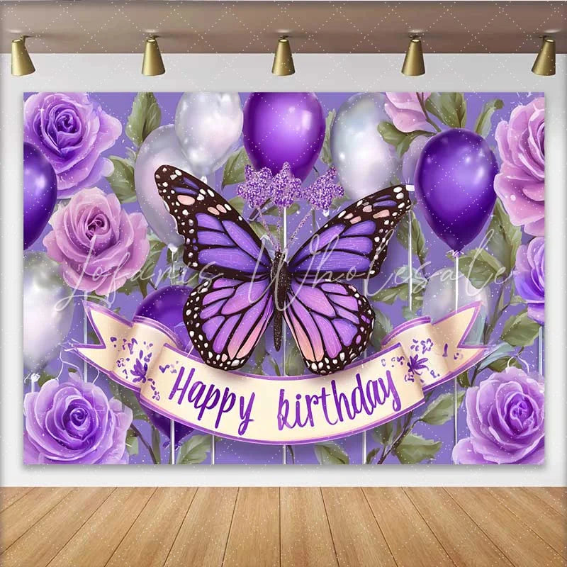Lofaris Deep Purple Butterfly Birthday Backdrop Balloon Floral Cake Smash Background Girl Party Photography Prop
