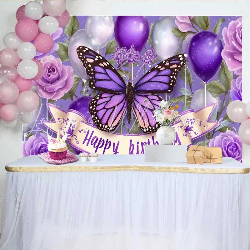 Lofaris Deep Purple Butterfly Birthday Backdrop Balloon Floral Cake Smash Background Girl Party Photography Prop