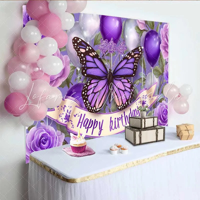 Lofaris Deep Purple Butterfly Birthday Backdrop Balloon Floral Cake Smash Background Girl Party Photography Prop