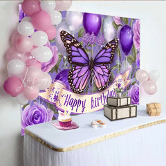 Lofaris Deep Purple Butterfly Birthday Backdrop Balloon Floral Cake Smash Background Girl Party Photography Prop