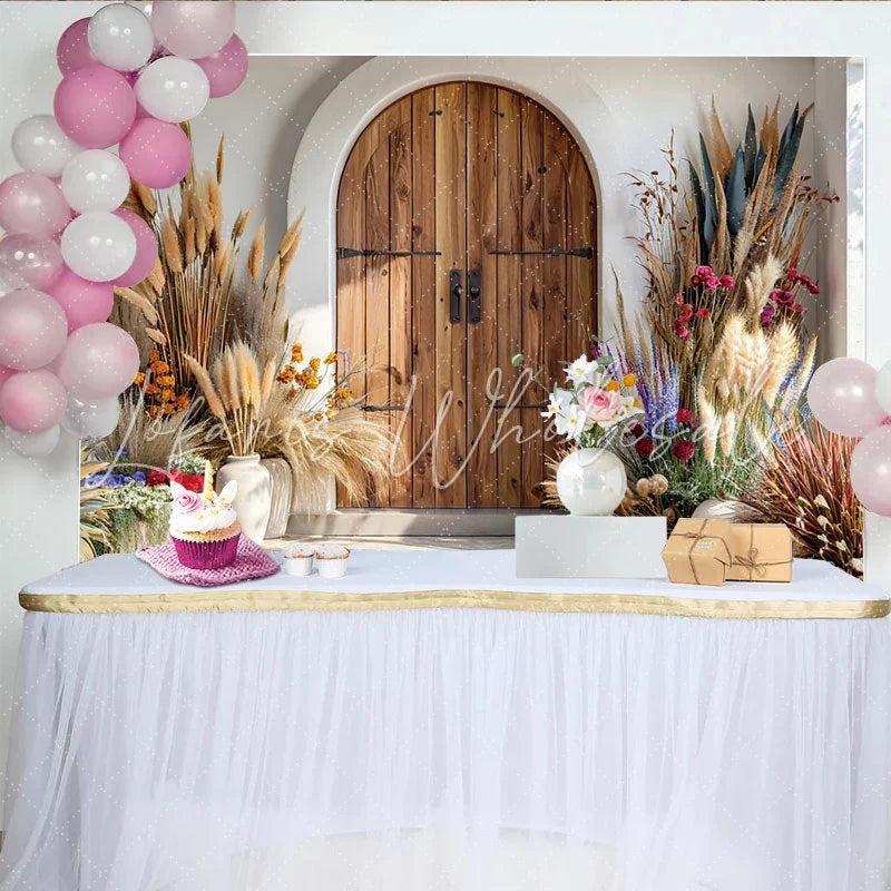 Lofaris Desert Boho Door Photography Backdrop Pampas Grass and Wooden Gate Photo Background