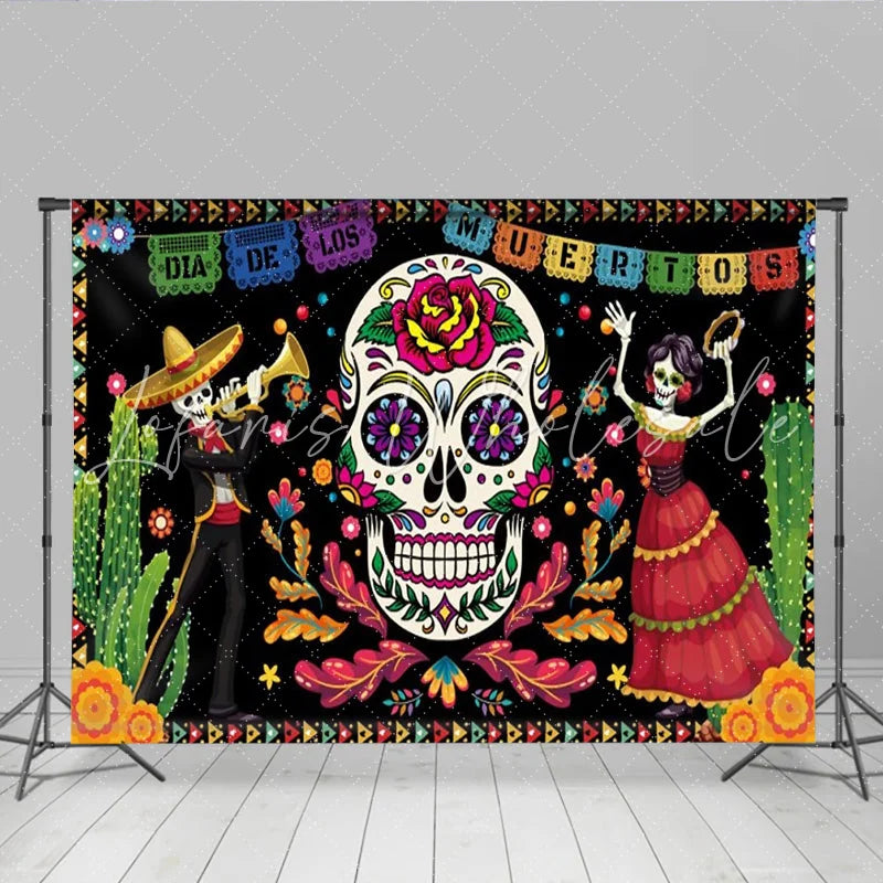 Lofaris Dia de los Muertos Backdrop for Day of the Dead Party Sugar Skull and Mariachi Skeletons Mexican Fiesta Decor