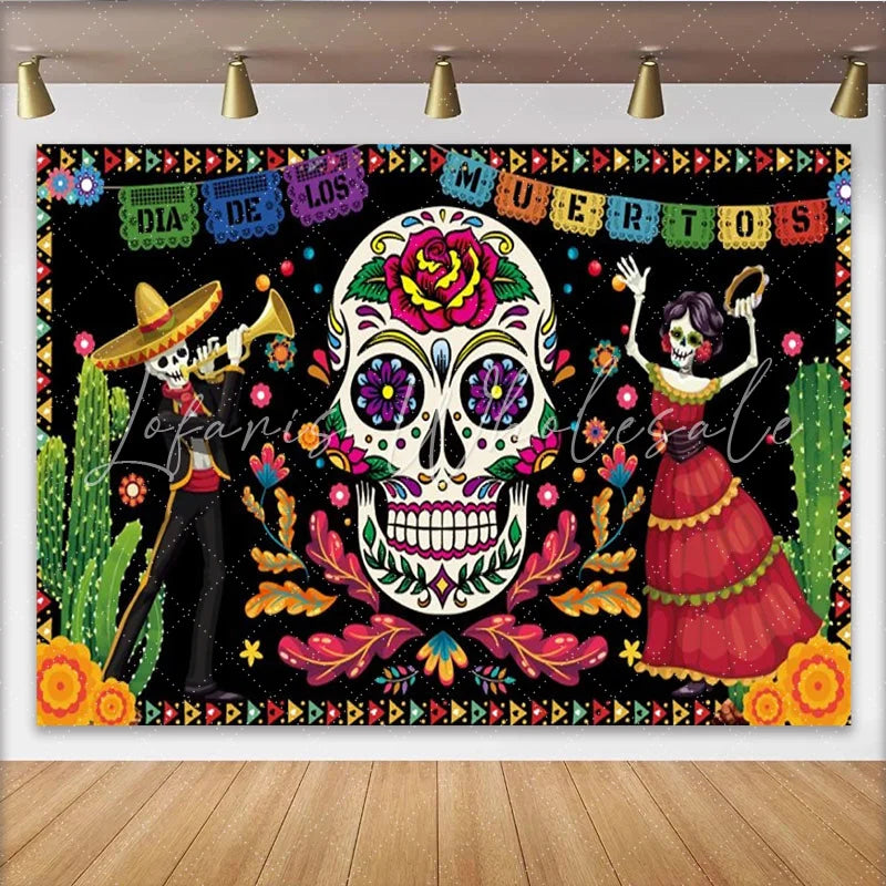 Lofaris Dia de los Muertos Backdrop for Day of the Dead Party Sugar Skull and Mariachi Skeletons Mexican Fiesta Decor