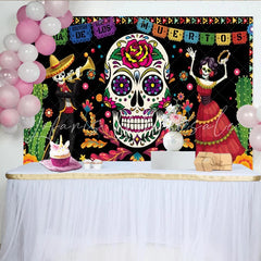 Lofaris Dia de los Muertos Backdrop for Day of the Dead Party Sugar Skull and Mariachi Skeletons Mexican Fiesta Decor