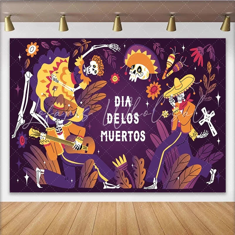 Lofaris Dia de los Muertos Backdrop with Festive Skeletons and Sombreros Cultural Mexican Holiday Background for Celebration Photography