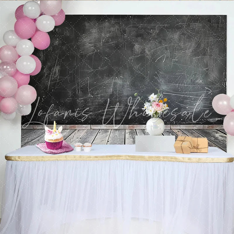 Lofaris Distressed Black Chalkboard Photography Backdrop with Wooden Floor Rustic Studio Background for Portrait and Product Photoshoot