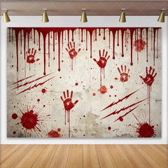 Lofaris Distressed Wall Horror Photography Backdrop with Red Handprints and Splatters Spooky Studio Background for Halloween Party Decor