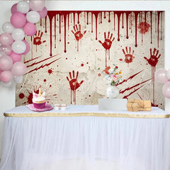 Lofaris Distressed Wall Horror Photography Backdrop with Red Handprints and Splatters Spooky Studio Background for Halloween Party Decor