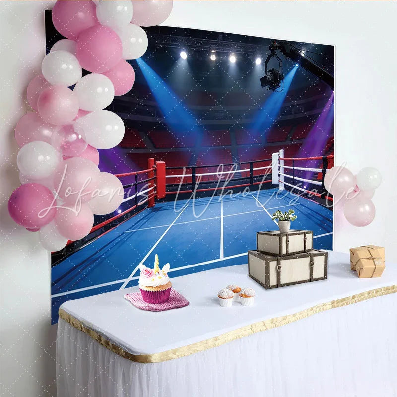 Lofaris Dramatic Boxing Ring Photography Backdrop with Arena Lights and Red Seats Professional Sports Event Background for Photoshoot