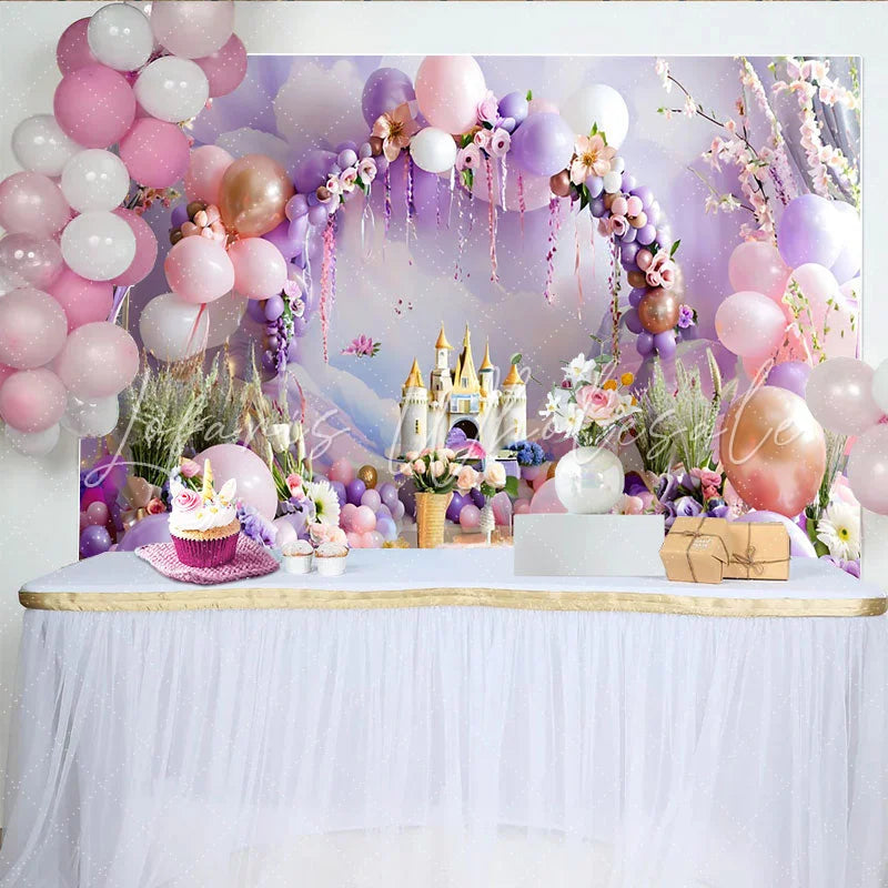 Lofaris Dreamy Balloon Castle Backdrop Purple and Pink Arch for Birthday Cake Smash