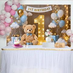 Lofaris Dreamy Blue and White Balloons Golden Number One 1st Birthday Party Backdrop with Cute Teddy Bear Festive Celebration