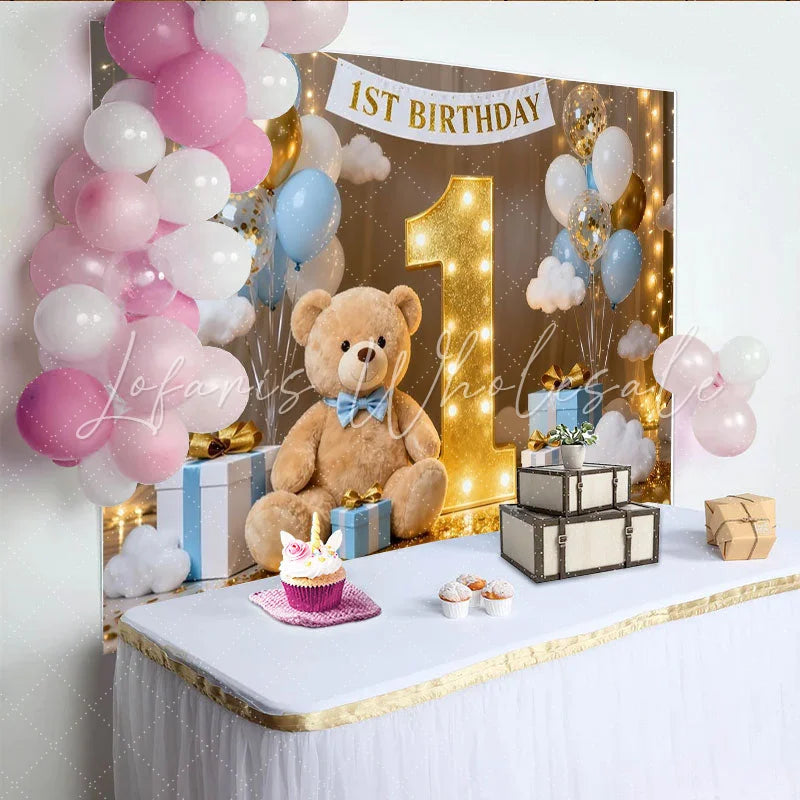 Lofaris Dreamy Blue and White Balloons Golden Number One 1st Birthday Party Backdrop with Cute Teddy Bear Festive Celebration