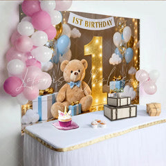 Lofaris Dreamy Blue and White Balloons Golden Number One 1st Birthday Party Backdrop with Cute Teddy Bear Festive Celebration