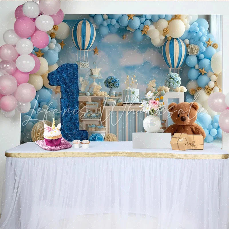 Lofaris Dreamy Blue and White Hot Air Balloon First Birthday Party Backdrop Number One and Cute Teddy Bear