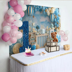 Lofaris Dreamy Blue and White Hot Air Balloon First Birthday Party Backdrop Number One and Cute Teddy Bear