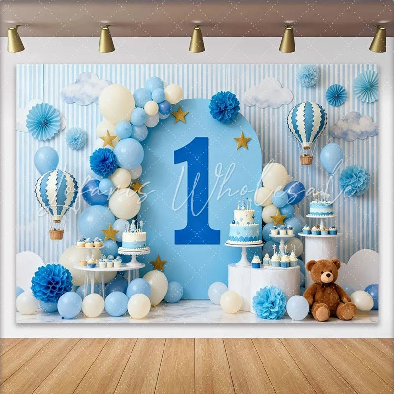 Lofaris Dreamy Blue and White Hot Air Balloon First Birthday Party Backdrop Sky Clouds and Stars Celebration