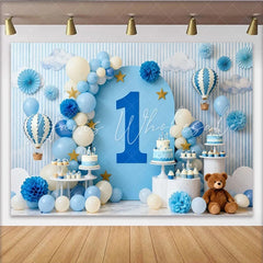 Lofaris Dreamy Blue and White Hot Air Balloon First Birthday Party Backdrop Sky Clouds and Stars Celebration