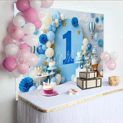 Lofaris Dreamy Blue and White Hot Air Balloon First Birthday Party Backdrop Sky Clouds and Stars Celebration