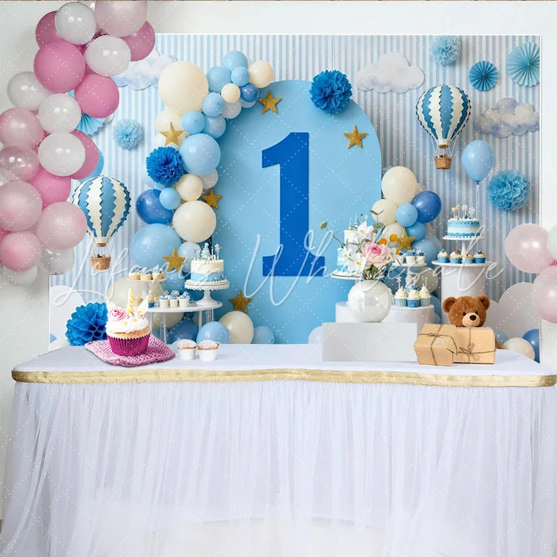Lofaris Dreamy Blue and White Hot Air Balloon First Birthday Party Backdrop Sky Clouds and Stars Celebration