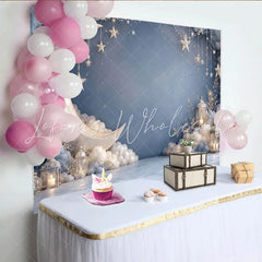 Lofaris Dreamy Blue Moon and Stars Photography Backdrop with Soft Clouds Night Sky Background for Baby Shower and Studio Photoshoot