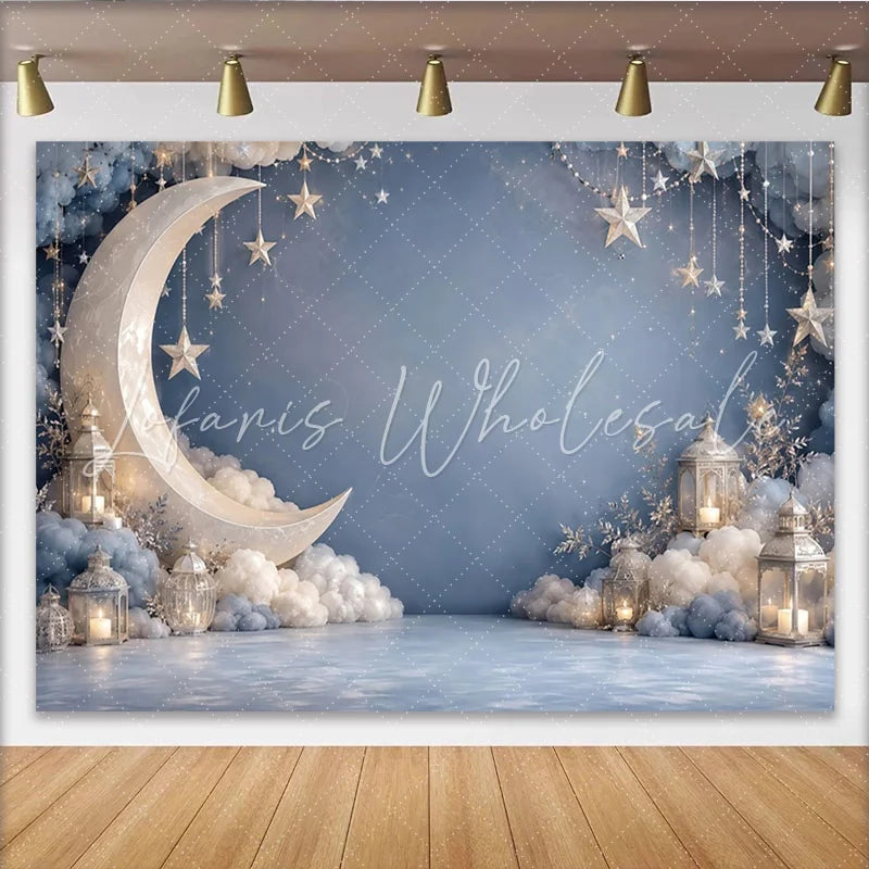 Lofaris Dreamy Blue Moon and Stars Photography Backdrop with Soft Clouds Night Sky Background for Baby Shower and Studio Photoshoot