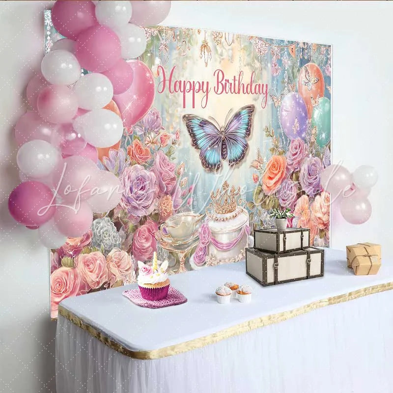 Lofaris Dreamy Butterfly Birthday Backdrop Pastel Floral Balloon Background Magical Forest Cake Table Prop