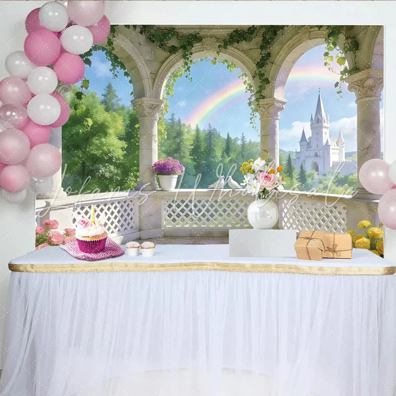 Lofaris Dreamy Fairytale Castle Balcony Photography Backdrop with Rainbow and Doves Photo Background for Princess Party and Studio Portrait