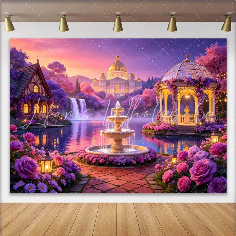 Lofaris Dreamy Fairytale Garden Photography Backdrop with Enchanted Castle and Waterfall Romantic Party Decor for Photoshoot