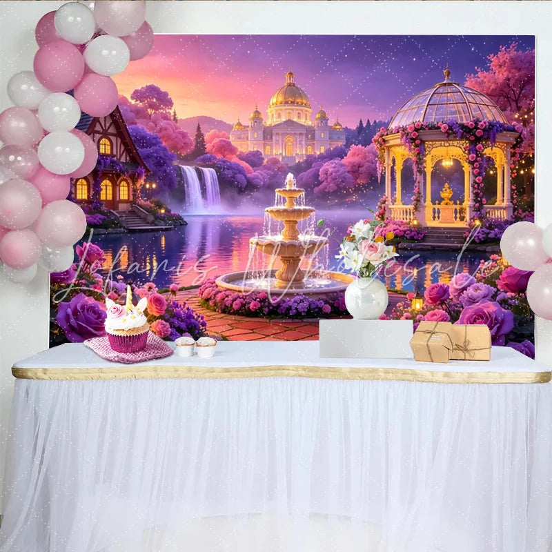 Lofaris Dreamy Fairytale Garden Photography Backdrop with Enchanted Castle and Waterfall Romantic Party Decor for Photoshoot