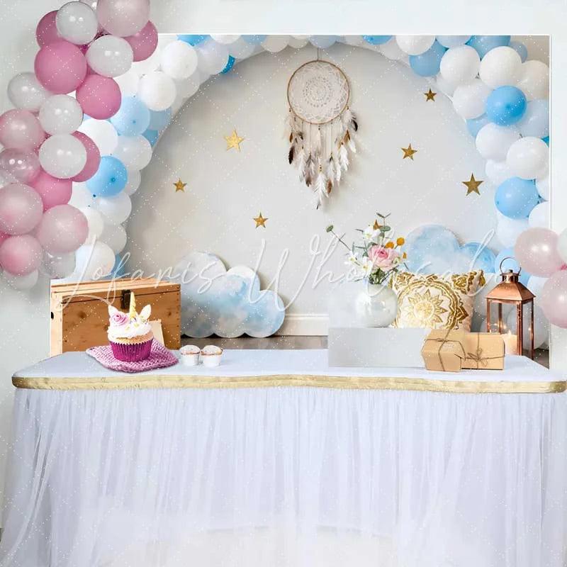 Lofaris Dreamy First Birthday Backdrop Blue Balloon Arch with Dreamcatcher and Stars for Cake Smash