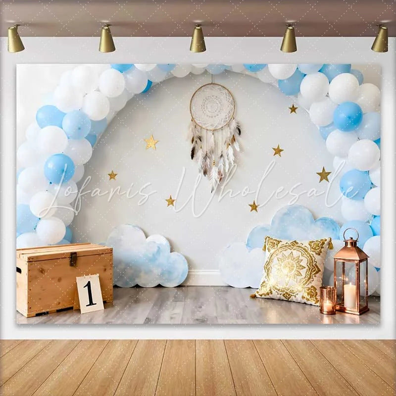 Lofaris Dreamy First Birthday Backdrop Blue Balloon Arch with Dreamcatcher and Stars for Cake Smash