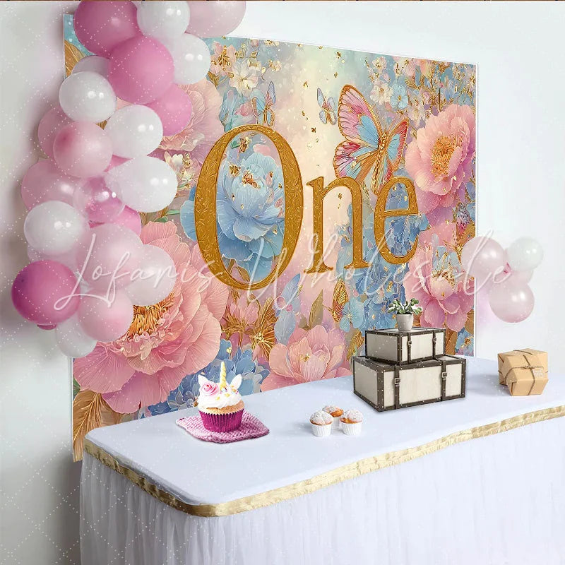 Lofaris Dreamy Floral First Birthday Photography Backdrop Golden ONE and Rose Photo Background