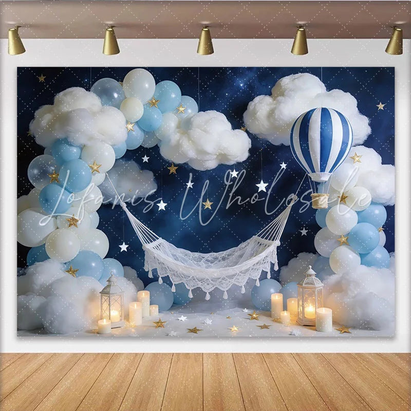 Lofaris Dreamy Newborn Photography Backdrop with Hot Air Balloon and Clouds Blue Sky Star Studio Background for Baby Shower and Portrait
