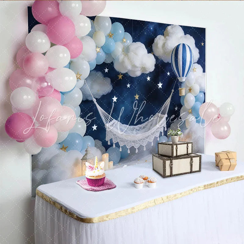 Lofaris Dreamy Newborn Photography Backdrop with Hot Air Balloon and Clouds Blue Sky Star Studio Background for Baby Shower and Portrait