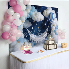 Lofaris Dreamy Newborn Photography Backdrop with Hot Air Balloon and Clouds Blue Sky Star Studio Background for Baby Shower and Portrait