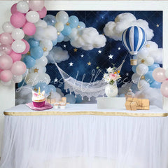 Lofaris Dreamy Newborn Photography Backdrop with Hot Air Balloon and Clouds Blue Sky Star Studio Background for Baby Shower and Portrait