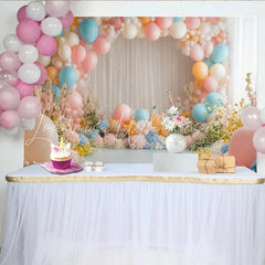Lofaris Dreamy Pastel Balloon Floral Photography Backdrop with White Curtains Elegant Studio Background for Party Decor